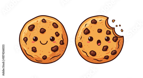 Two chocolate chip cookies with cute smiling faces one of which has a bite taken out of it in a kawaii style.