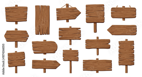 Assorted blank wooden signboards and planks in various shapes and sizes with natural wood grain textures for custom messages.