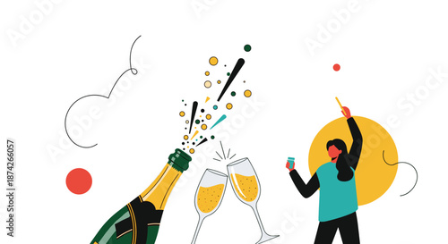 Joyful celebration scene featuring a person with a drink a popping champagne bottle and glasses clinking with festive decorations.