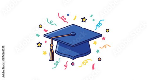 Blue graduation cap with a golden tassel surrounded by festive colorful confetti and stars celebrating academic success and achievement.