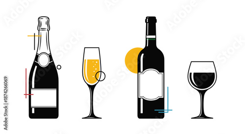 Elegant line drawings of wine and champagne bottles and glasses with minimalist color accents for a sophisticated celebratory design.