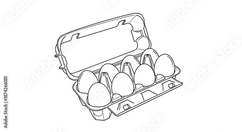 Open cardboard egg carton containing ten fresh white eggs in a simple line drawing style suitable for grocery and food themes.