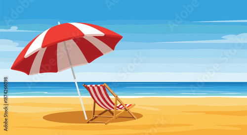 Relaxing beach scene featuring a red and white striped umbrella and matching lounge chair on a sunny sandy shore with blue ocean waves.