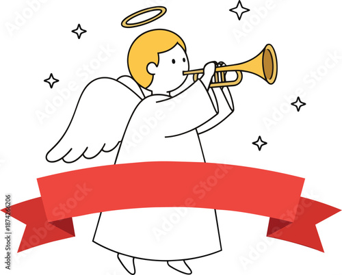 Angel Playing Trumpet with Ribbon Banner.