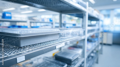 Medium shot of open cleanable metal shelving filled with sterile instrument trays emphasizing the sharply focused front shelf against a diffused medical workspace.