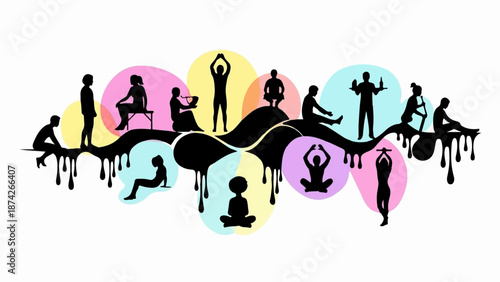 Diverse silhouettes of people in various yoga and stretching poses on a colorful, abstract background.