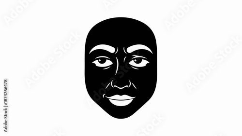 Intense gaze from a stylized dark face with expressive eyes and subtle smile on white background
