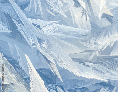 Close-up abstract view of intricate ice crystals forming sharp, angular patterns with delicate translucent layers and cool blue tones on a frosty winter day.