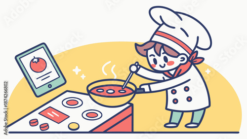 Cartoon chef cooking with smart kitchen technology