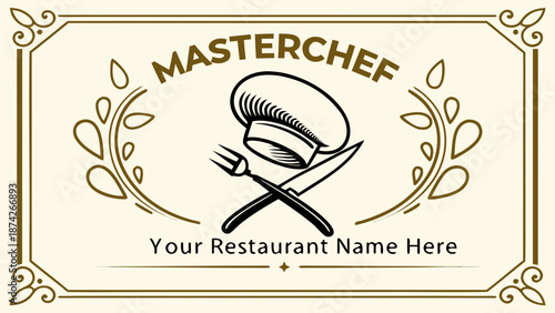 MasterChef restaurant label mockup with utensils and logo