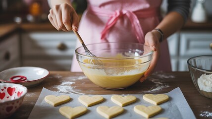 Baking Heart Shaped Cookies for Valentine’s Day – Woman Whisking Batter in a Glass Bowl, Homemade Romantic Dessert Preparation, Love Themed Baking, Pastry Chef Making Heart Biscuits & Kitchen Scene
