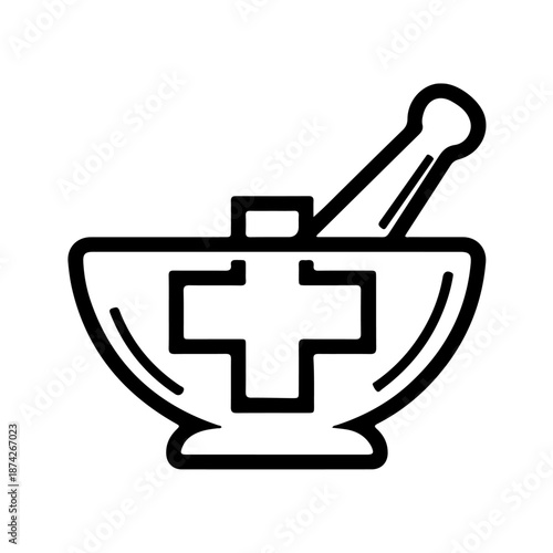 A black and white illustration of a mortar and pestle with a cross inside the mortar, symbolizing medicine and healthcare.