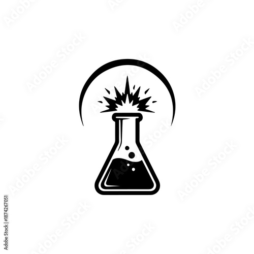 A black and white illustration of an Erlenmeyer flask with a chemical reaction occurring inside, represented by an explosion of lines radiating from the top.
