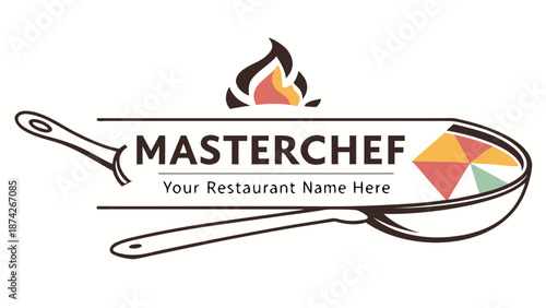 Restaurant logo template with frying pan and flame
