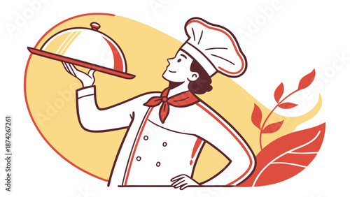 Illustration of chef presenting food on a serving dish