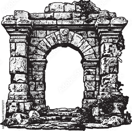 Ancient Stone Archway, illustration of an ancient stone archway. It features heavy stippled textures, weathered masonry patterns, and crumbling architectural elements, isolated on a white background.