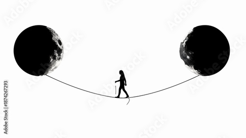 Silhouette of a person balancing on a tightrope between two large celestial bodies under a bright sky.