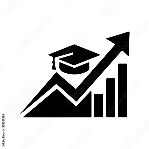 An image featuring a graduation cap atop a mountain peak with an upward-pointing arrow and bars representing growth, symbolizing the upward trajectory and achievements in education.