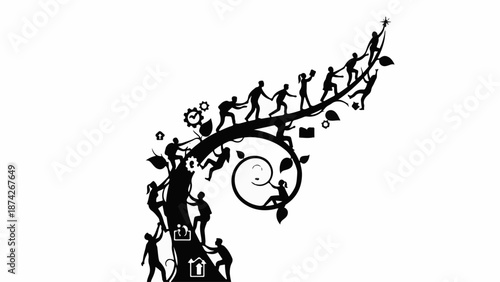Diverse people climbing a stylized tree of growth and connection, reaching for success.