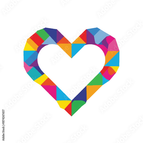 Colorful heart shape composed of geometric triangles symbolizes love and diversity on a white backdrop, promoting inclusivity and positive emotions.