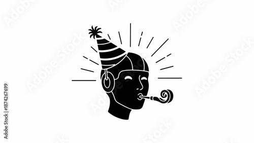 Celebratory silhouette blowing party horn with festive hat and radiating lines