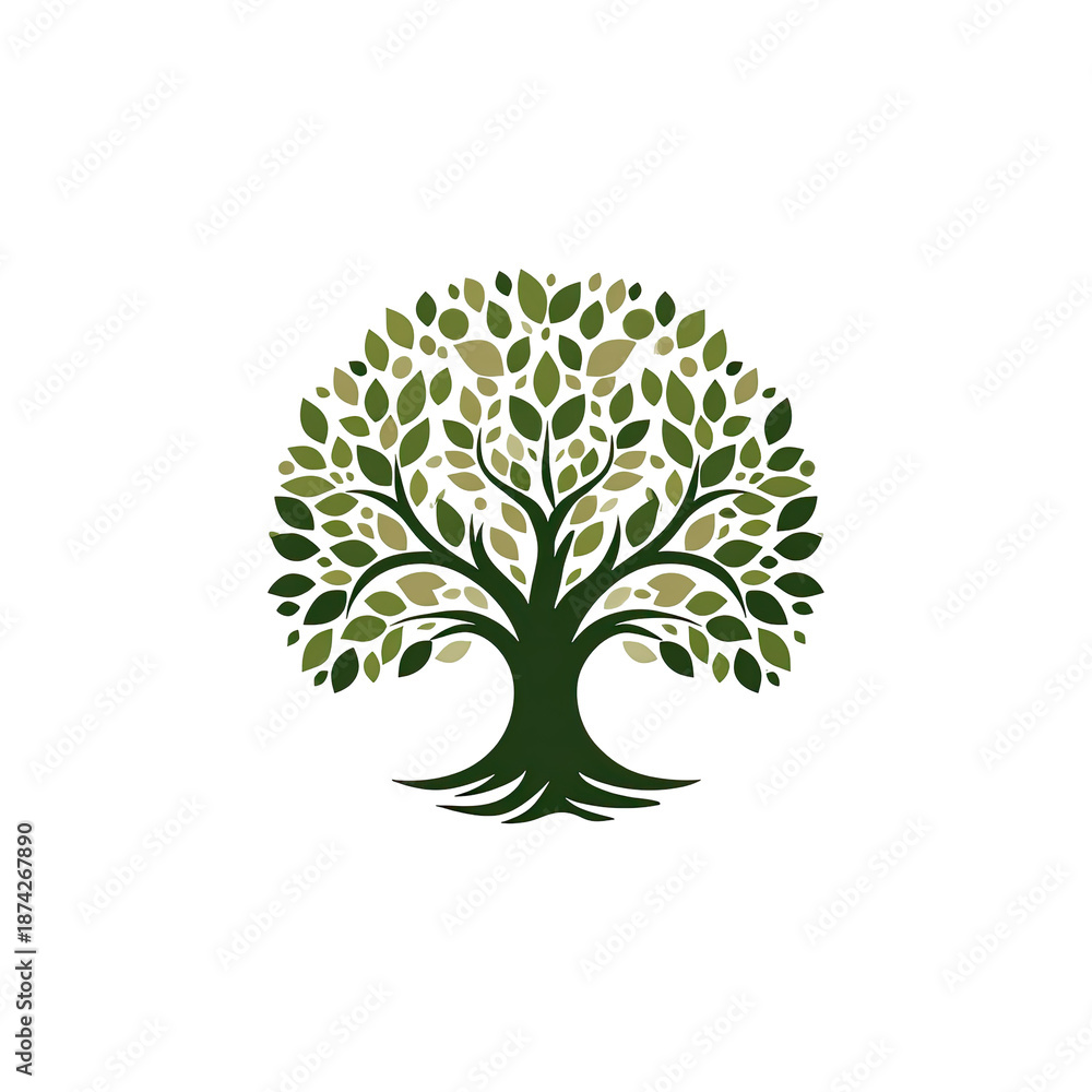 Obraz premium A stylized tree with a rounded crown of green leaves against a stark black background