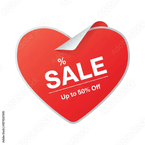 Red heart sale sticker promoting discounts up to 50 off for valentine's day promotions and special offers, creating a sense of urgency and excitement.