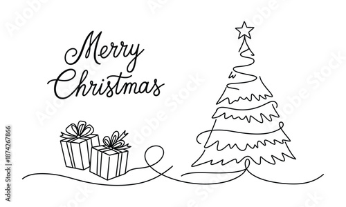 Merry Christmas greeting card design featuring a festive winter vector illustration with a decorated tree, glowing star ornament, and falling snowflakes for a happy New Year holiday celebration