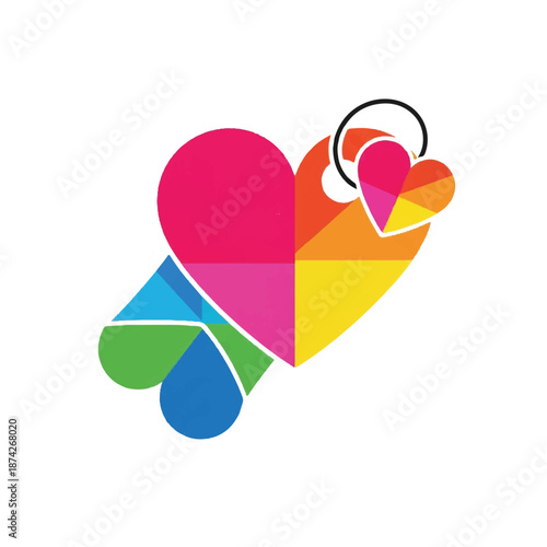 Colorful heart shape with smaller heart hanging from it represents love and connection in a modern and vibrant way.