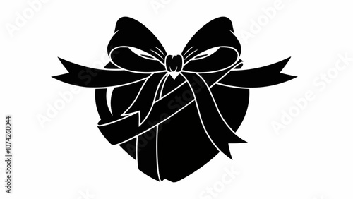 Black Heart Shape Gift Box With Ribbon Bow Silhouette.