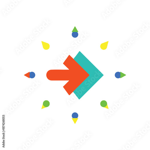 Arrow points forward with colorful geometric shapes around it, symbolizing direction and progress, in a playful and modern style.