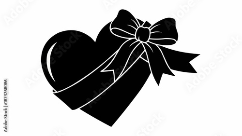Black Heart Shape with Ribbon and Bow Icon.
