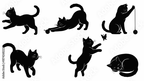 Black Cat Silhouettes in Various Poses and Actions.