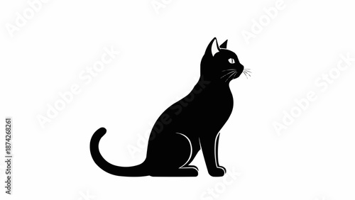 Black cat sitting profile view isolated on white background.