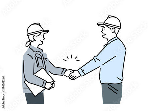 握手をするヘルメットを被る作業着の男女ー交渉成立ー契約ー成功ービジネスパーソン　ベクターイラスト素材
