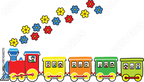 Cartoon train vector illustration, colorful passenger cars, playful children’s design, flower smoke trail, vibrant artwork template, educational content concept