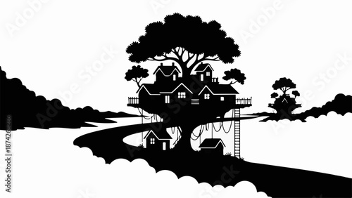 Whimsical treehouse village nestled in a lush forest landscape