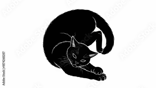 Black cat stretching its body in a curled position.