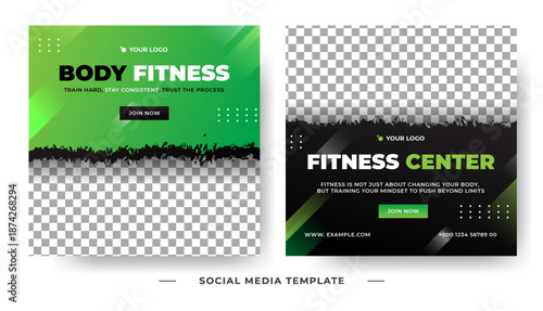 Green Fitness Gym Social Media Post Template Set with Photo Placeholder, Modern Promotion Design