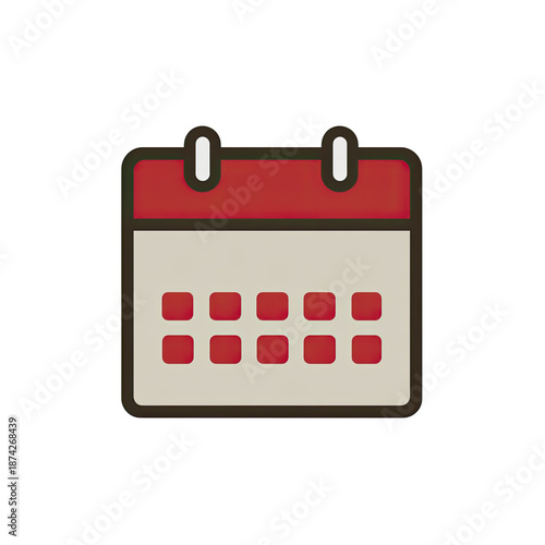 A stylized calendar icon with a red top and dates, set against a dark background