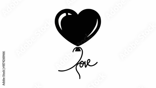Black heart balloon with love text graphic.