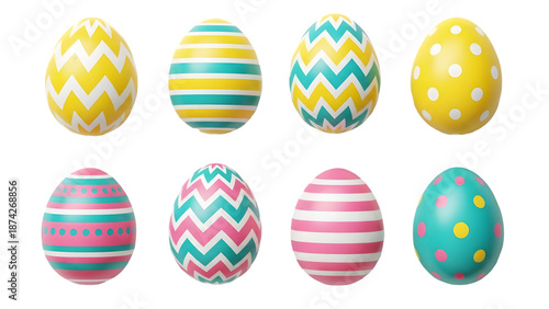 Easter eggs decorated in various colors and patterns isolated on transparent background