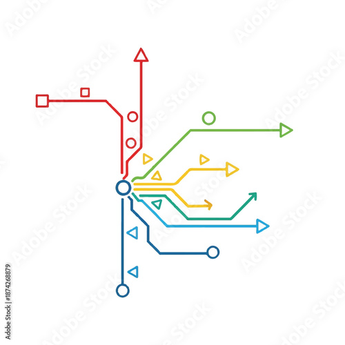 Abstract network branching out from central node, representing connection and growth with colorful lines and geometric shapes on a white backdrop.