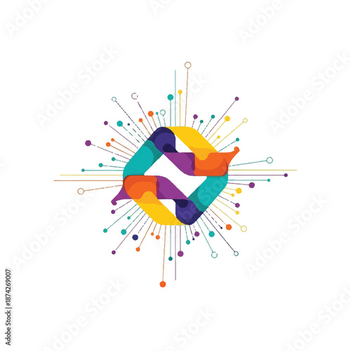 Abstract geometric shape radiates vibrant energy on white, symbolizing connection and innovation with a modern, optimistic feel.