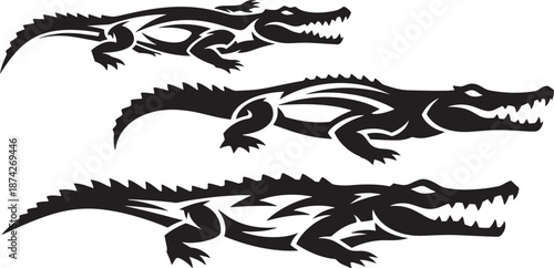 Tribal crocodile silhouettes collection, black tattoo style reptile vector illustration set