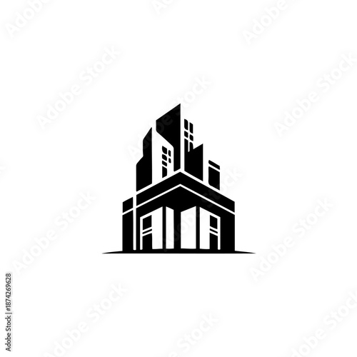 A black and white silhouette of a modern skyscraper with multiple architectural elements and a transparent background.