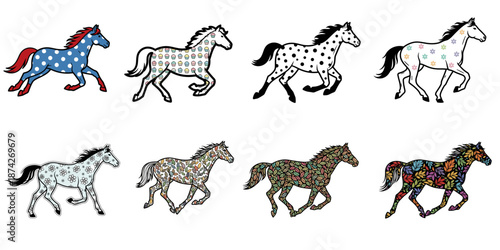 Set of galloping horses with various child-like patterns on a transparent background
