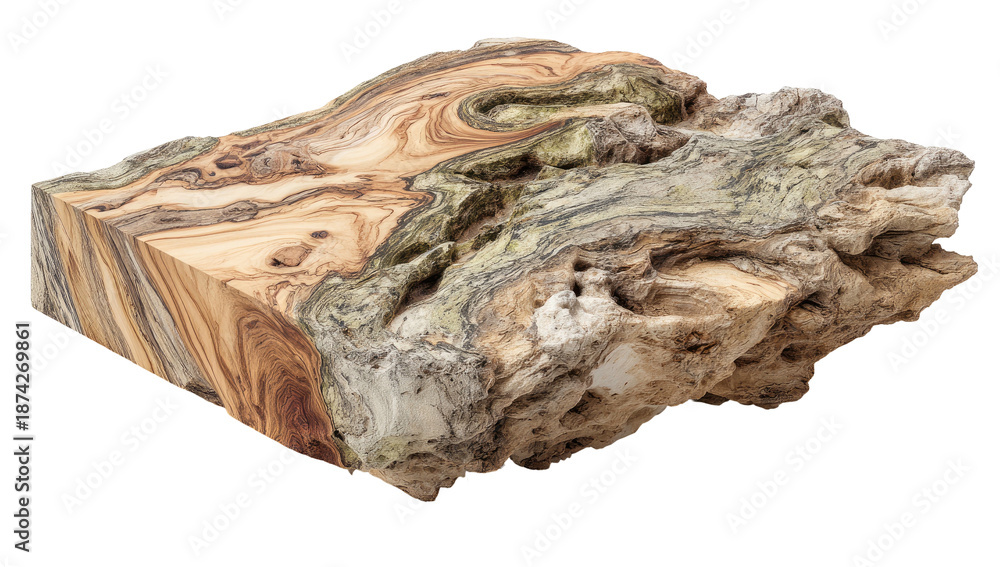Fototapeta premium A cross-section of wood and rock showcasing contrasting textures and natural hues
