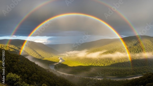 Double rainbow over serene forest landscape with winding river