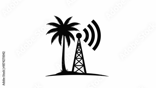 Tropical island with a communication tower and palm tree, symbolizing connectivity in paradise.